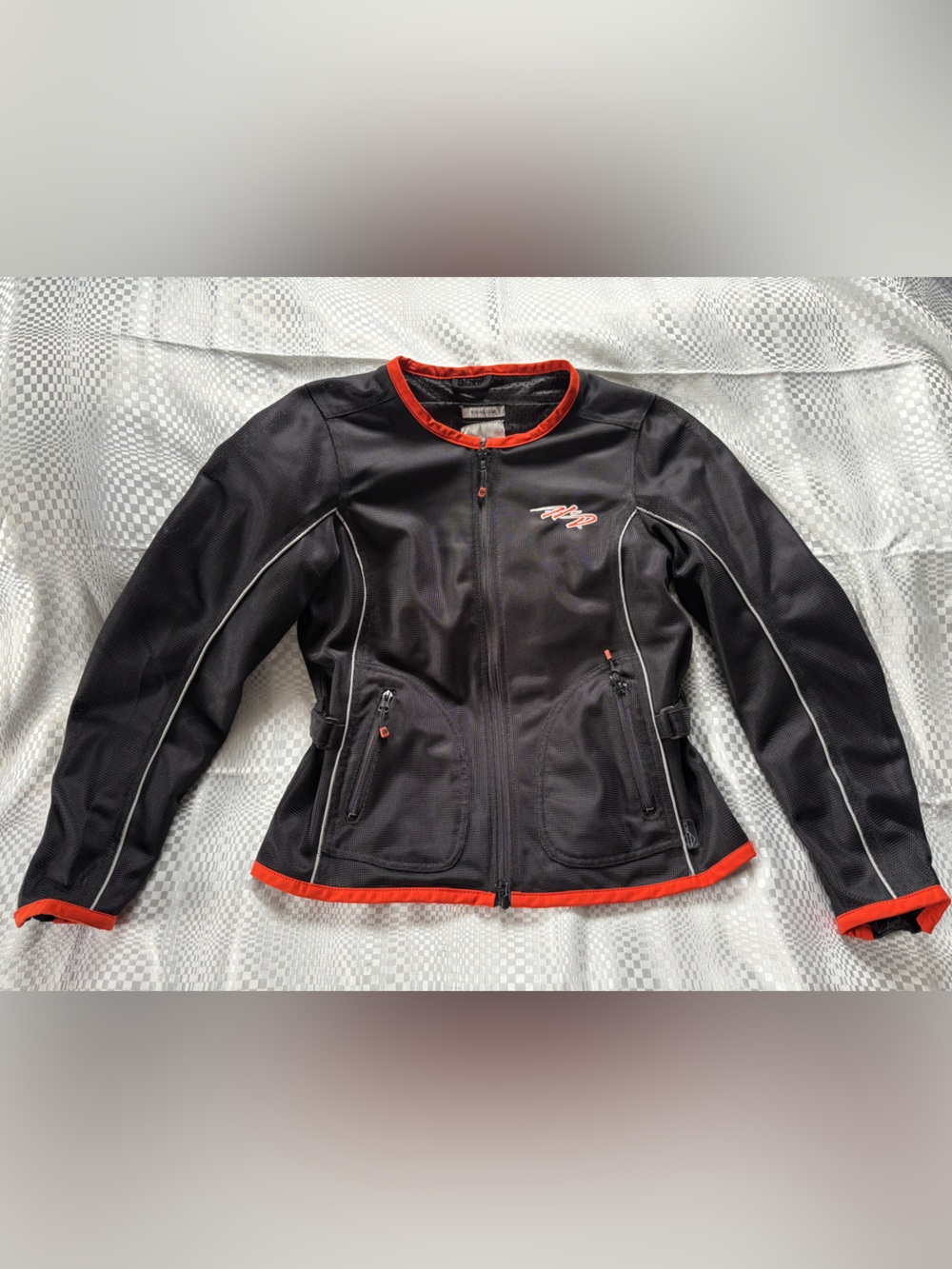 HarleyDavidson Riding Gear Blk Mesh Jacket with Orange Trim and White Embroidery